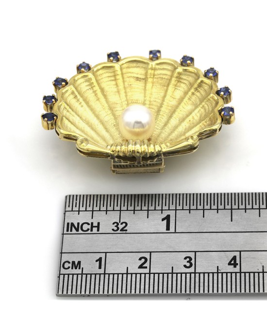 Pearl and Sapphire Clam Shell Brooch